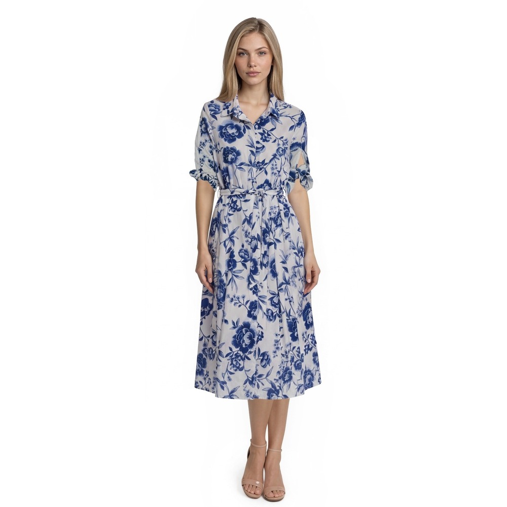 NWT Calvin Klein Cotton Floral Shirt Dress Womens Size 6 White Blue Toile Belted